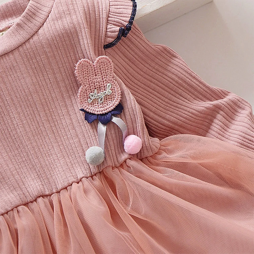 Bear Leader 1-6 Years Pink Girls Dresses Spring Autumn Cartoon Rabbit Decorative Mesh Stitching Dress Long Sleeved Kids Clothes