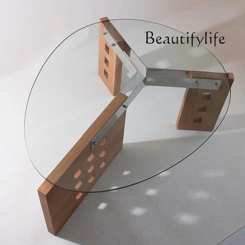 Nordic style solid wood coffee table round special-shaped creative small apartment retro glass tea table stainless steelpara cas