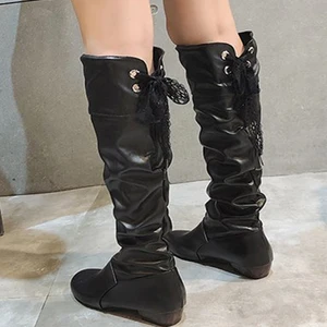 Hohe Lederstiefel für weibliches Knie, hohe Schuhe, niedrige Absatz, Rot, Schwarz, Weiß, lässig, weiblich, 2023 8 Hauptverkäufe Bota Weiß am Knie - №6