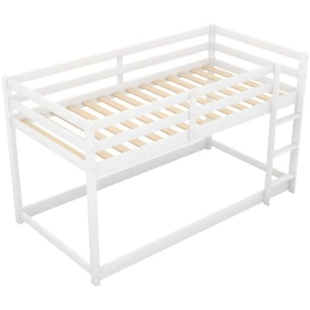 Twin stapelbedframe met ladder en reling over de volledige lengte, capaciteit van 400 LBS, eenvoudig te monteren, stapelbedframe op de lage vloer