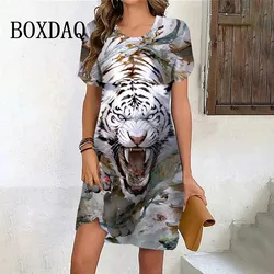 Women Plus Size Ladies Dress Short Sleeve Colorful Tiger 3D Print Loose Casual Mini Dresses Female Fashion Summer Women Clothes