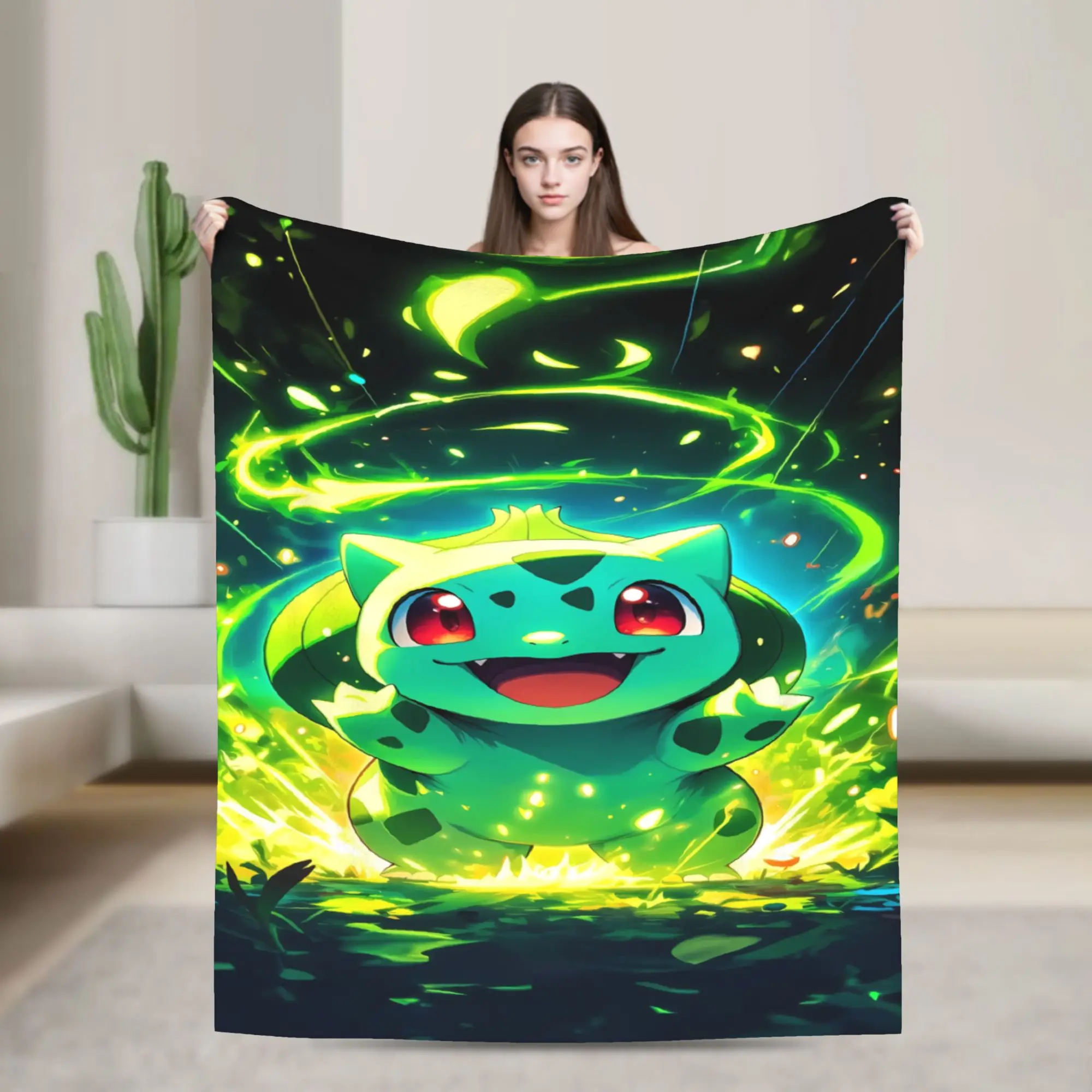 Bulbasaur Glow Manga Plush Blanket Girls Boys  Flannel Throw Blanket For Living Room Super Warm =Quality Bedspread Gift Idea