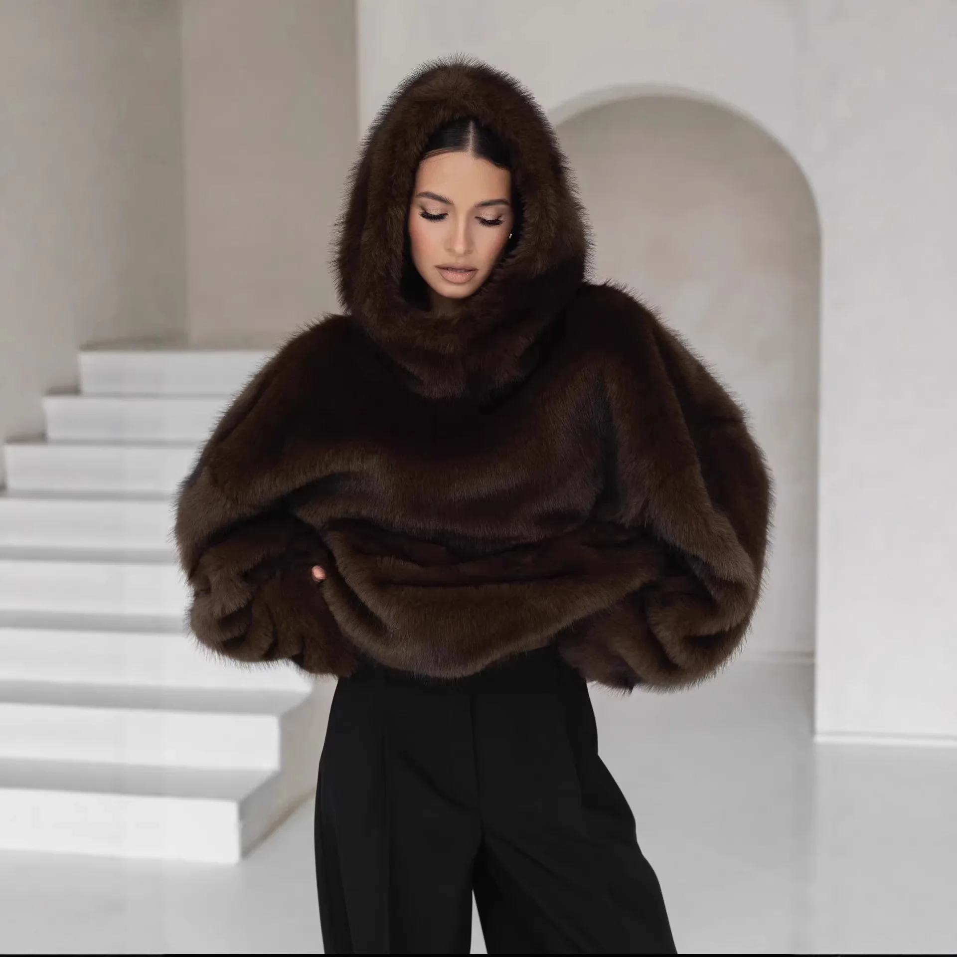 2026 inverno casaco de pele sintética com capuz feminino solto marrom peludo casaco casual lã quente outerwear