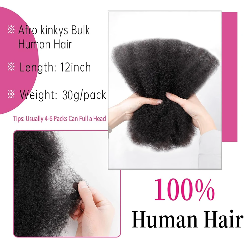 Cabello humano Afro Kinkys a granel, 30 g/paquete, cabello humano 100% negro Natural, cabello humano suave 4C Afro rizado a granel para extensiones/torgos Locs