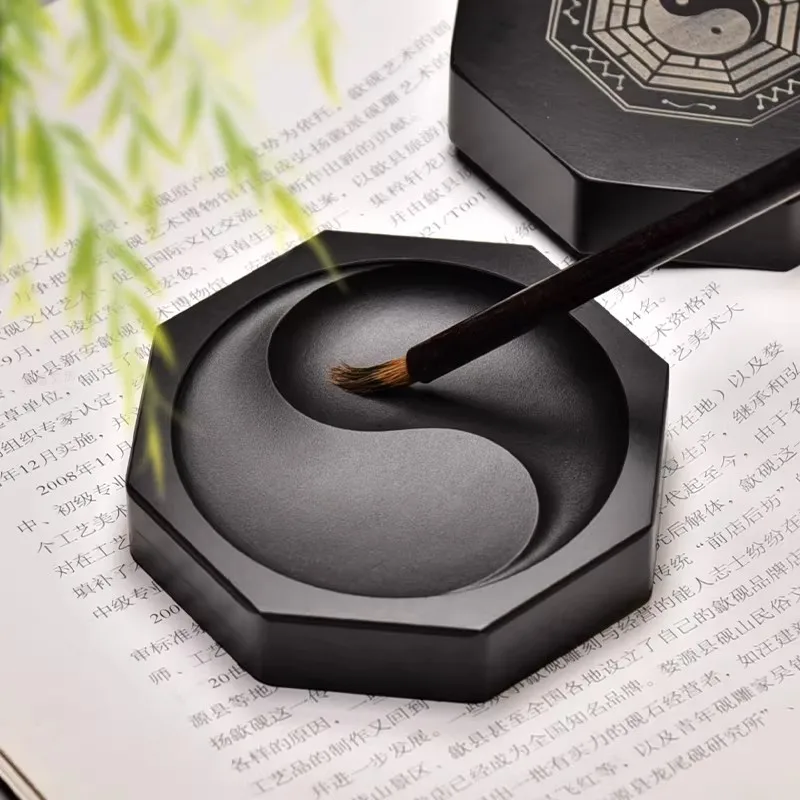 Chinese Bagua Ink Stone, Natural Stone Calligraphy Grinding Tool with Eight Trigrams Pattern Desk Accessory (9.5x9.5cm)