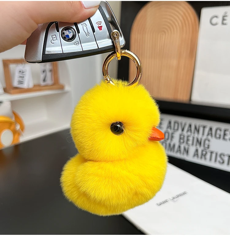 

Real Rex Rabbit Fur Duck Keychain - Trendy Soft Key Chain - Fuzzy Furry Animal Charm - Cute Plush Keychain for Purse and Keys