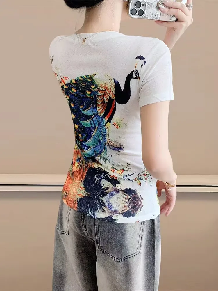 뜨거운 판매 눈길을 끄는 인쇄 공작 여성 티셔츠 봄 여름 여성 짧은 소매 탑 티 o-넥 하이 스트리트 S-4XL