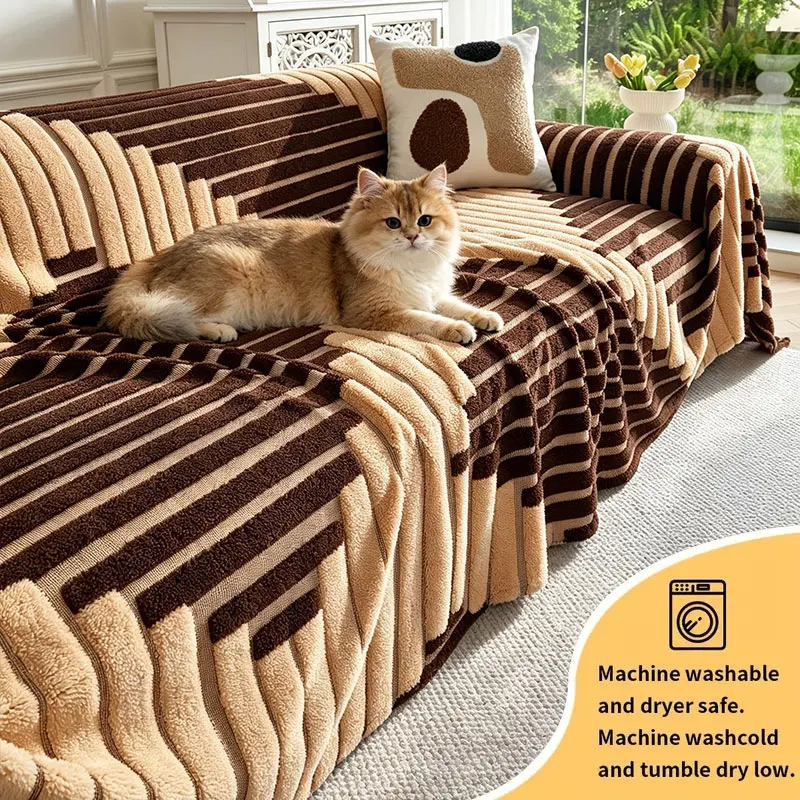 1PC-Two tone striped plush sofa cover, perfect for pet friendly neutral minimalist sofa protection pad