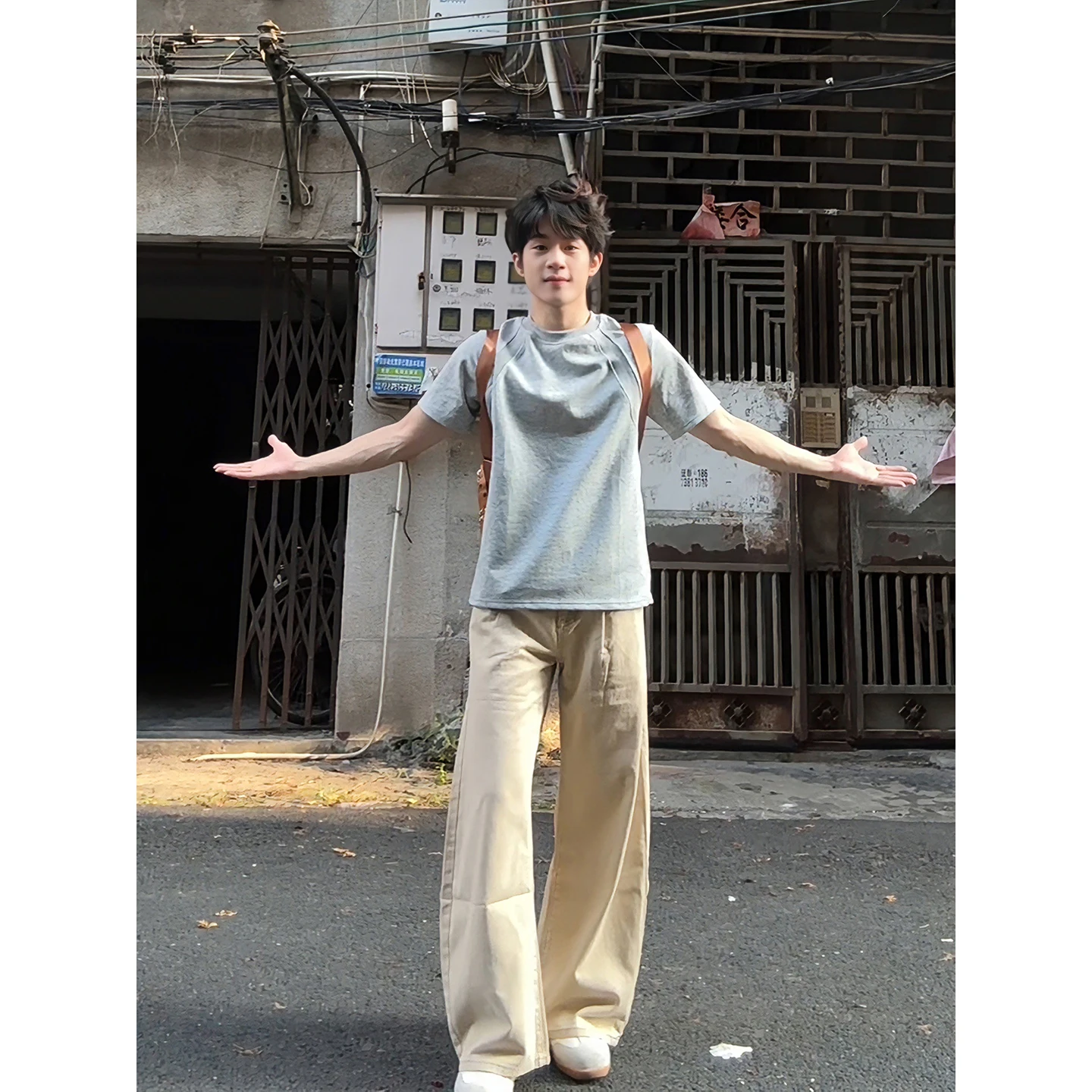 Light Grey American Style T-Shirt Men's Summer Space Cotton Deconstructed Heavy Short Sleeve Boxy High-End Feeling Half Sleeve