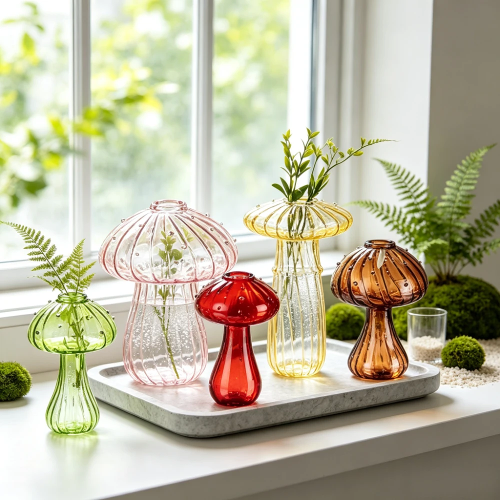 Propagation Station Vase - クリエイティブなデザインのきのこ型ガラス花瓶。透明で、水耕栽培や植物の増殖に最適。アロマディフューザーとしても使用可能。卓上装飾品としても。