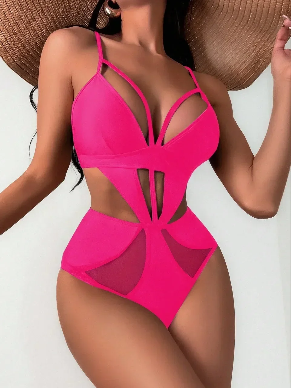 2024 One Piece Swimsuit Women Swimwear New Solid Black Hot Pink Mesh Patchwok Monokin Sexy Bathing Suit Brazilian Beachwear