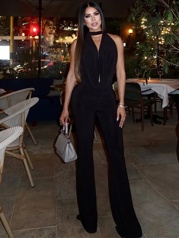 Sexy Bal Pure Color Jumpsuit Belted Neline Slim Fit  High Waist Long Pant Street Sle Polyester Fabric