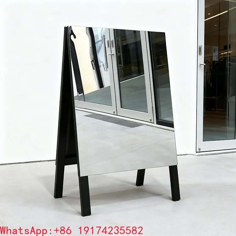 Portable Outside Mirrored Stainless Steel A-frame Double-sided Folding a Frame Sidewalk Sign Stand Sandwich Board