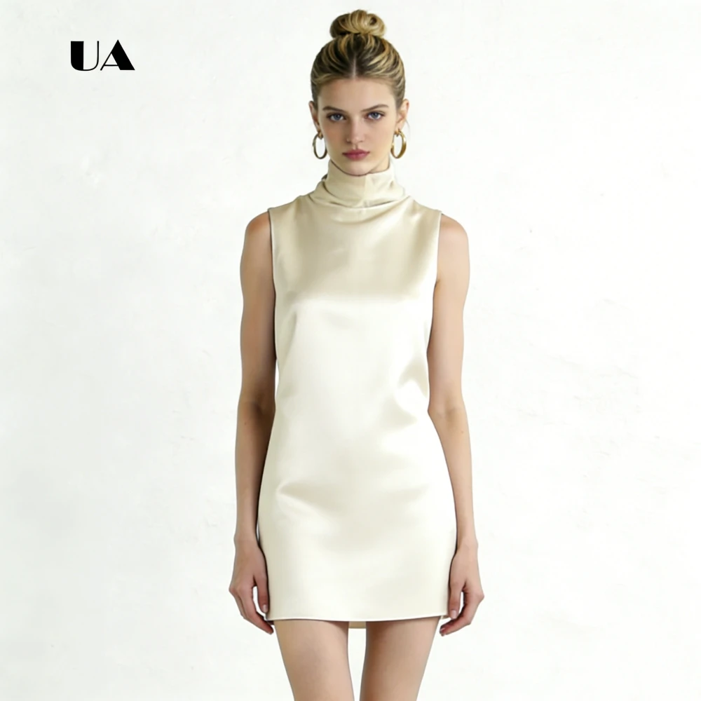 Ulbyanry mini vestido de cetim com gola alta, corte sólido, sem mangas, vestido de noite para mulheres, bainha simples, drapeado, vestido de festa personalizado