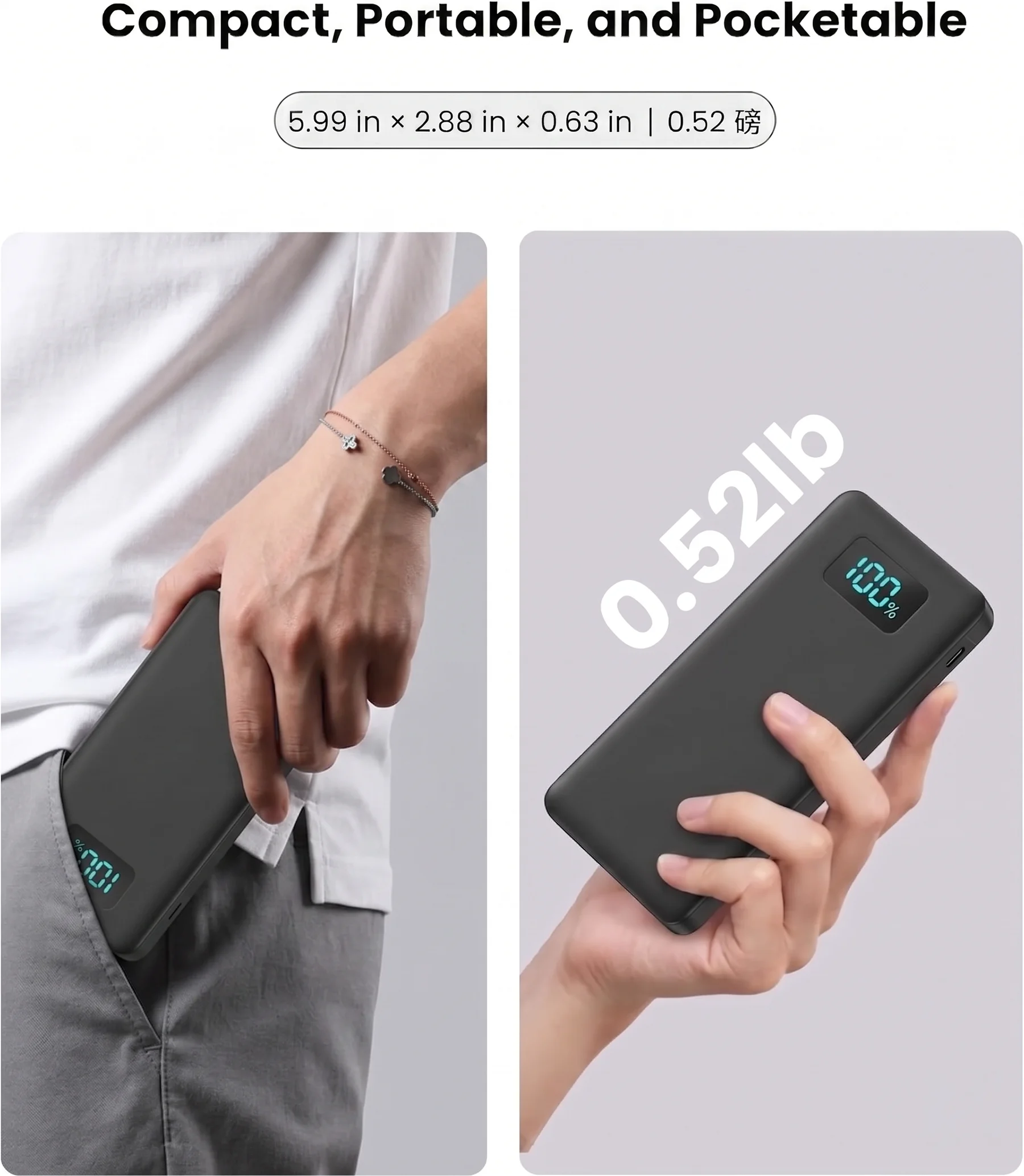 20W PD Fast Charge Powerbank 10000mAh Thin Portable Charger Type C USB C External Battery Backup Power Supply with LED Display for Travel Camping fits iPhone 17 16 15 14 Plus Pro Max Samsung Galaxy S26 S25 Ultra S24 Google Pixel 9 8 Pro - view 3