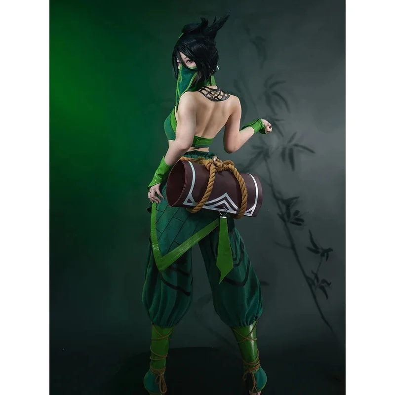 

dd54ROLECOS Косплей Костюм Rogue Assassin Game LOL Akali женский зеленый наряд костюм на Хэллоуин с сумкой
