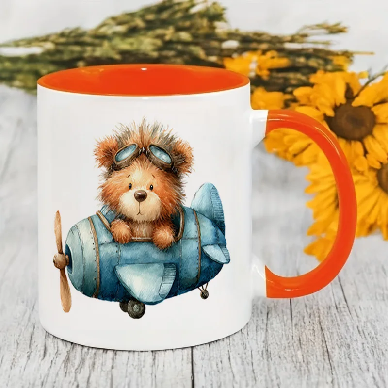 Cute Pilot Bear with Blue Airplane Colorful Print Ceramic Coffee Mug, 11oz 350ml Personalized Custom Mug, Microwave Safe, Cute A
