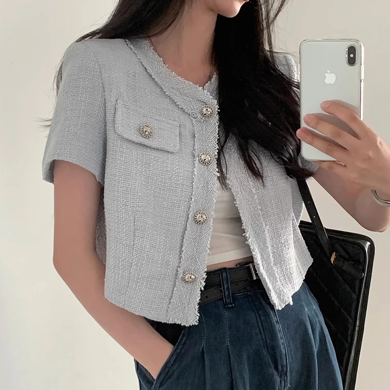 Jaet d'été Chic pour femmes, coupe ample, revêtement ort Sve, avec boutons épissage, tissage rugueux, vêtements d'extérieur tendance et polyvalents