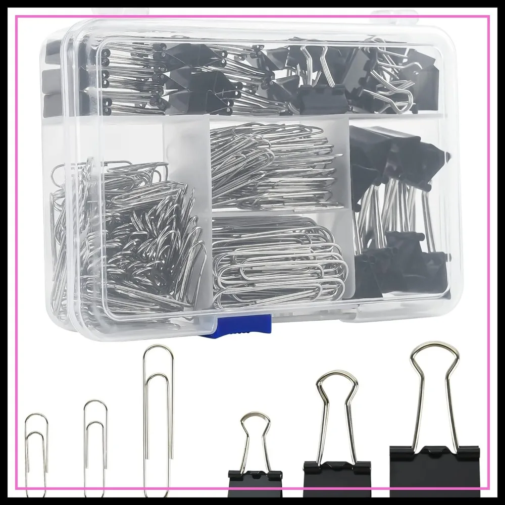 

340pcs Assorted Binder Clips & Jumbo Paper Clips Set, Office & School Supplies, Container with Compartments