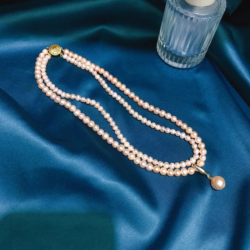 

Natural Freshwater Pearl Necklace for Women Pink Double Layer Elegant Versatile Fashion Jewelry Niche Design Sense Collarbone Ch