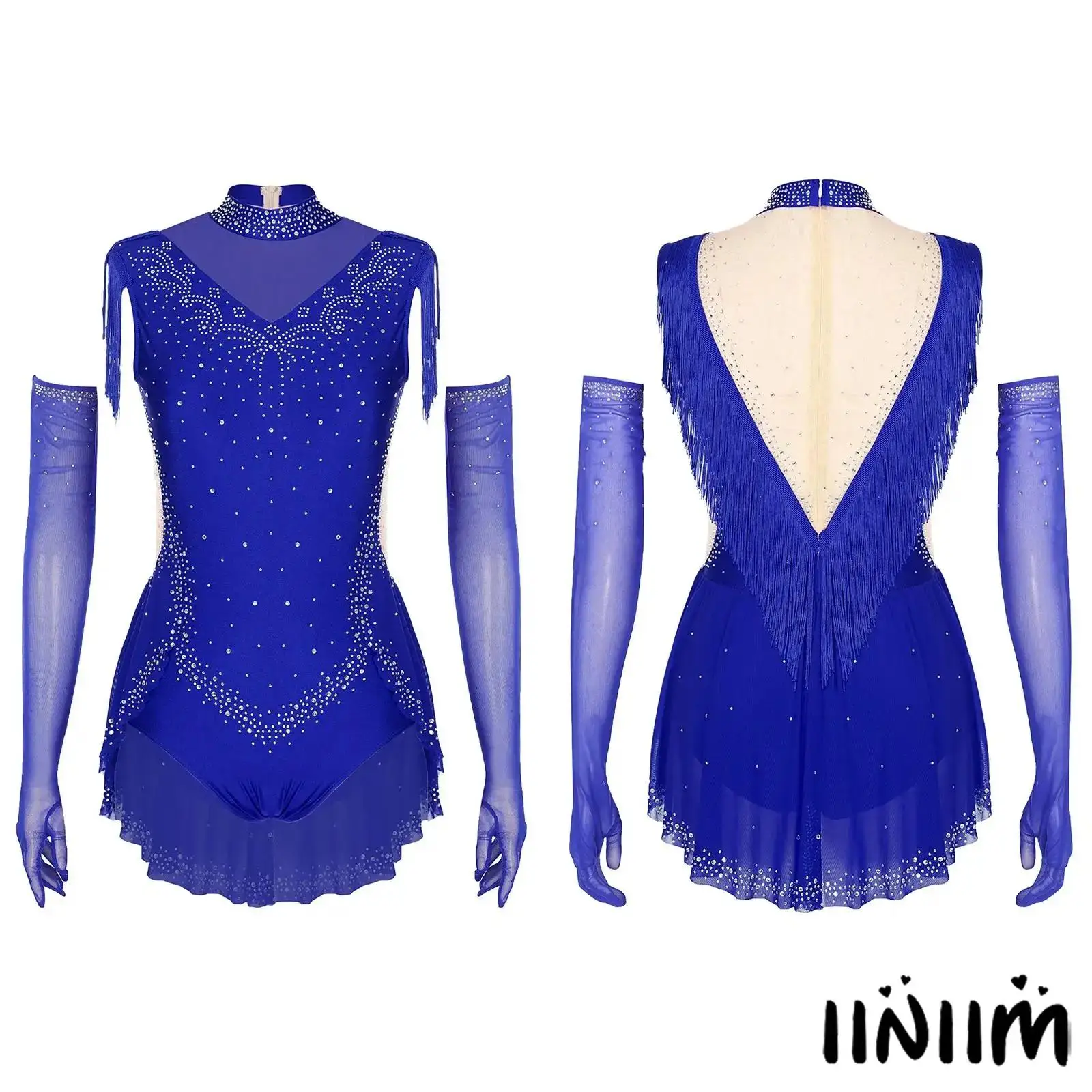 

Women Latin Dance Leotard Sparkling Rhinestones Mock Neck Sleeveless Sheer Mesh Tassel Skirted with Gloves Performance Costume