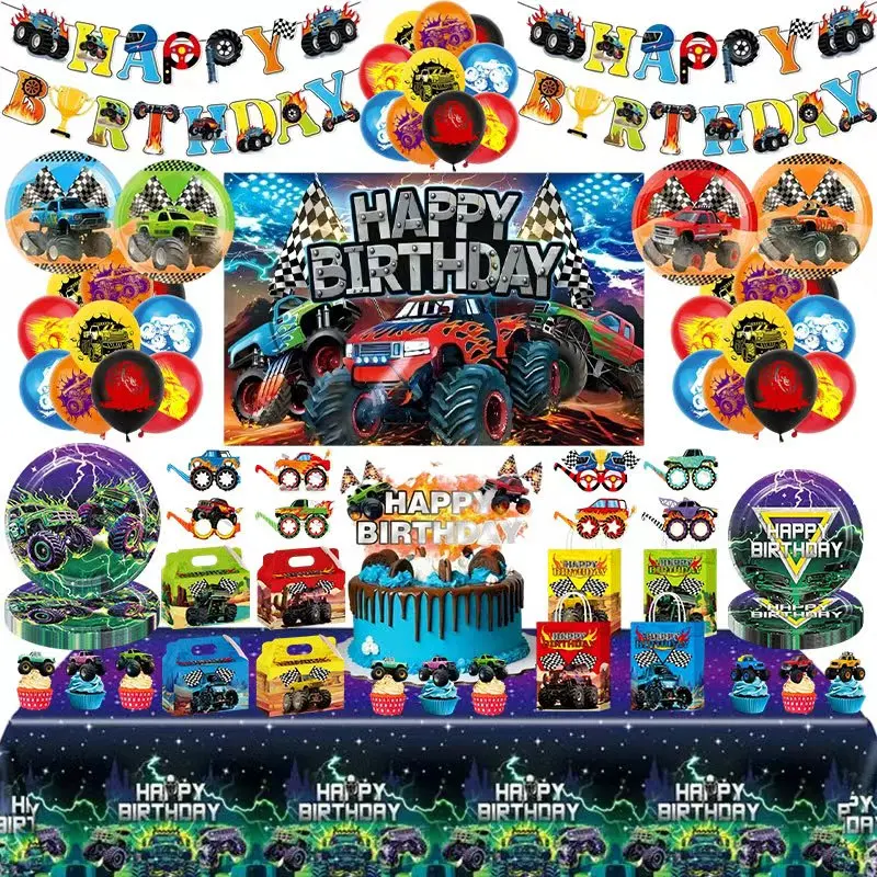 Monster Truck-Juego de vajilla para decoración de cumpleaños, tazas, platos, globos, pancarta, telón de fondo, bolsas de regalo, pulsera a presión, suministros para fiestas infantiles
