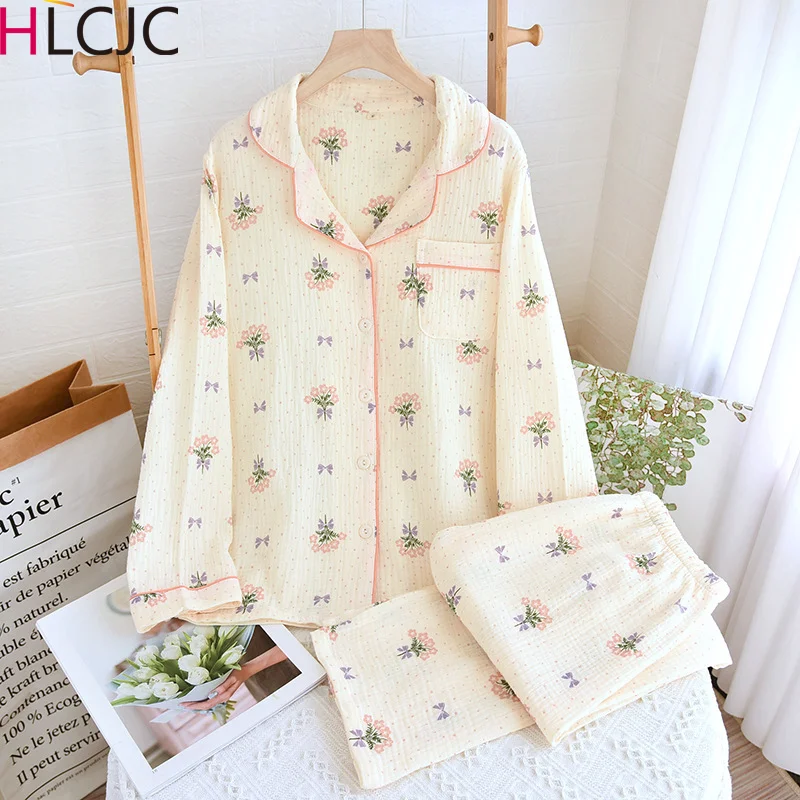 Spring and Autumn New Women's Pajamas Long-Sleeved Trousers Two-Piece Set Double Layer Cotton Crepe Bouquet Large Size Homewear