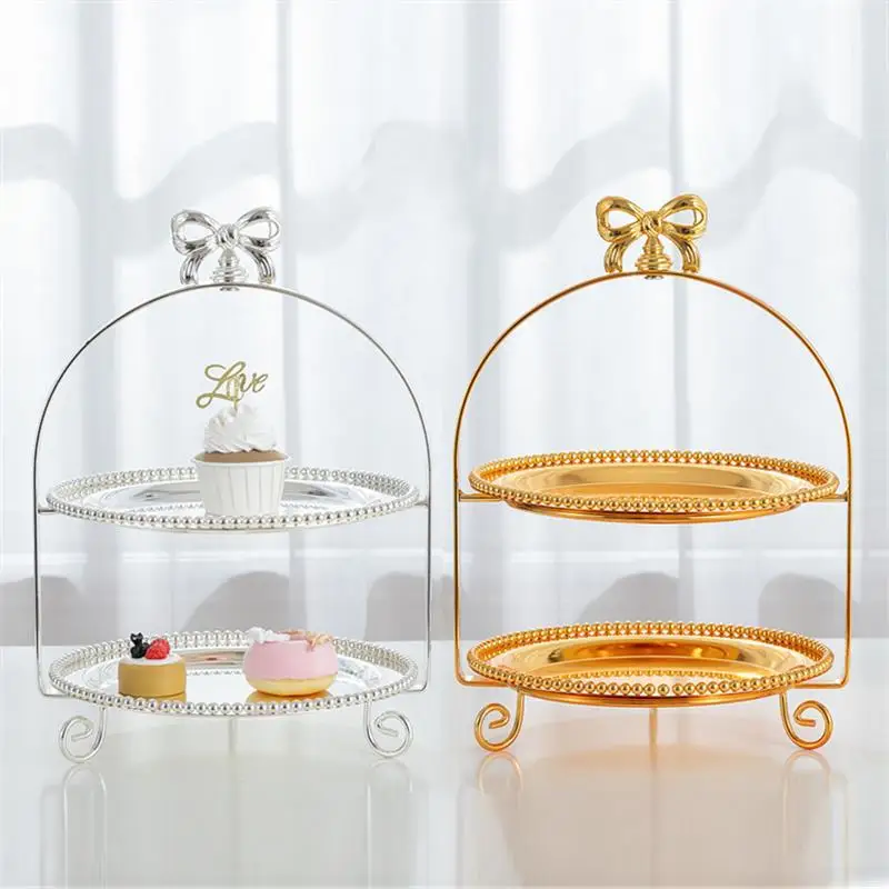 

3018 Wholesale Double Layer Three Layer Cake Rack Afternoon Tea Fruit Cake Tray Dessert Rack Bow Dim Sum Tray