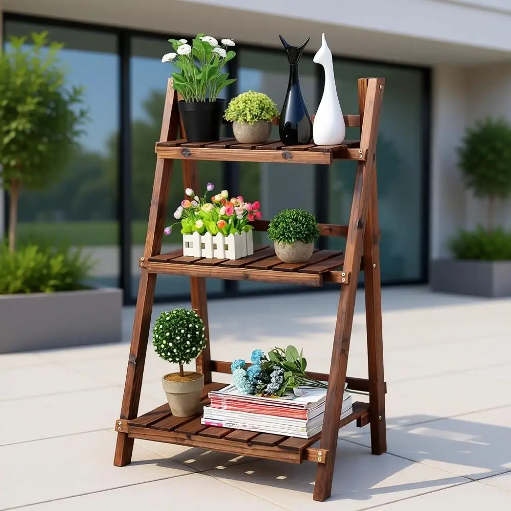 

Brown Wooden 3-Tier Wall-Leaning Shelf, Home Office Storage Rack for Living Room, Bedroom, or Balcony, Easy Assembly