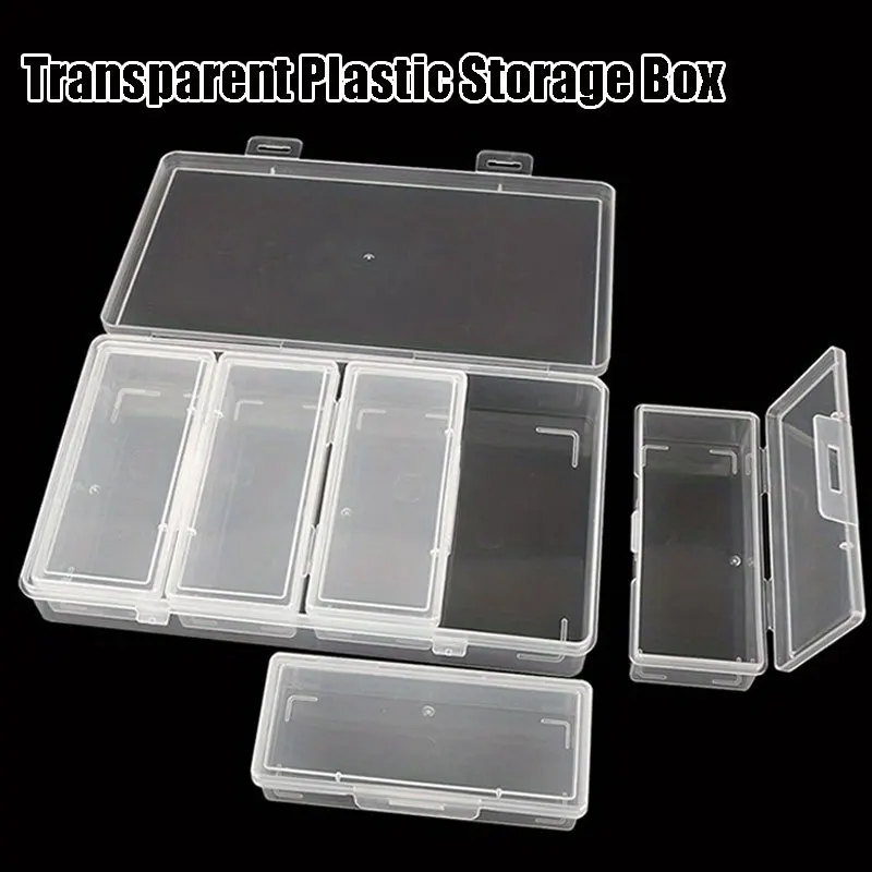 Each Set Contains 4 to 12 Rectangular Plastic Storage Boxes with Hinged Lids. They Are Transparent, Portable and Multifunctional