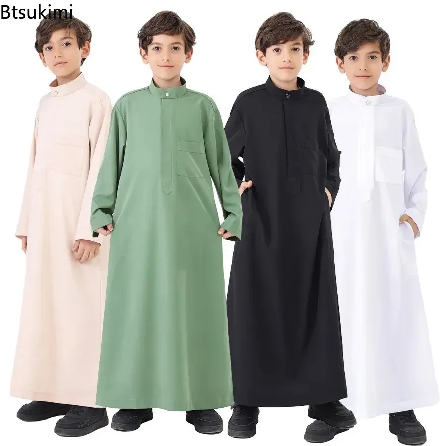 

Muslim Kids Clothing Boys Fashion Solid Long Sleeve Kaftan Robes Arab Islamic Caftan Thobe Pakistan Moroccan Abayas Long Dress