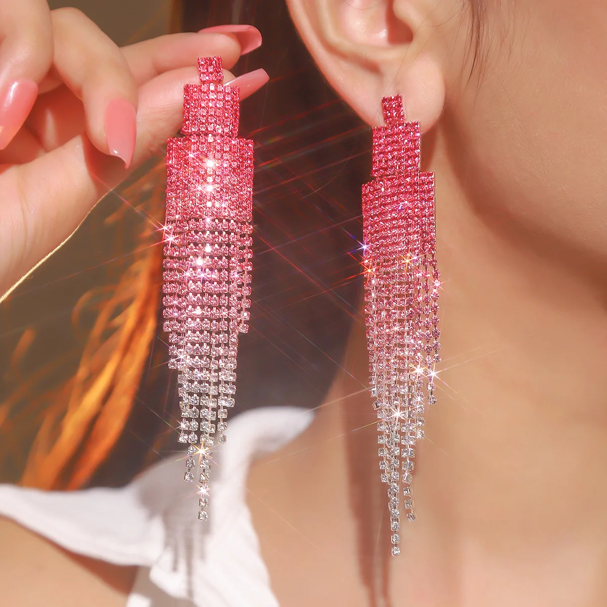 Fashionable Shiny Rhinestone Long Tassel Earrings
