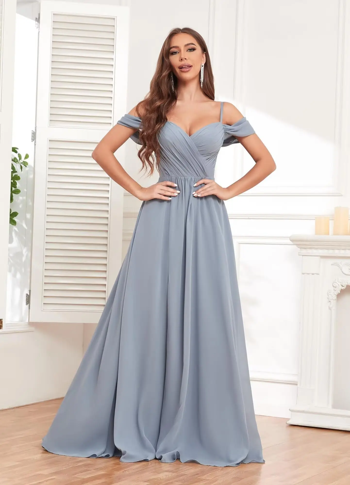 Off The Shoulder Bridesmaid Dresses for Women with Pockets Split Long Chiffon Formal Evening Dresses