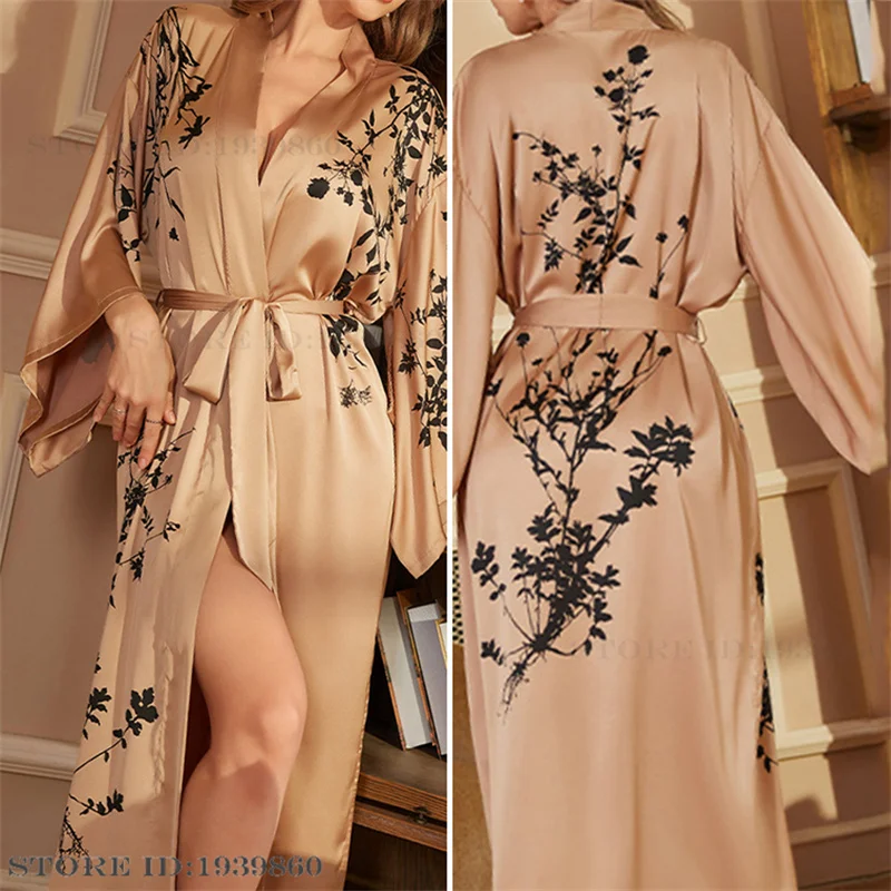 Luxury Chiffon Satin Long Robe Nightgown Women Silk Satin Sleepwear Nightdress Print Wedding Morning Bath Robe Dress Loungewear