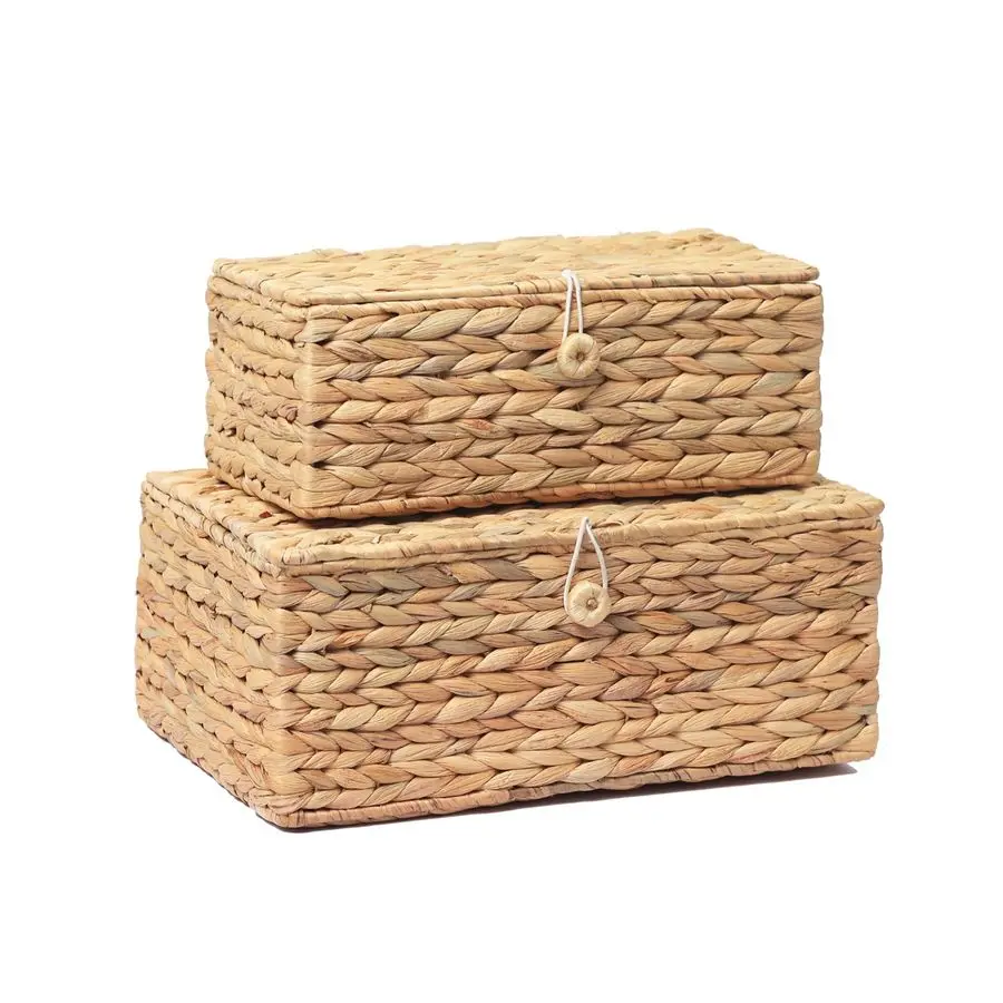 

Set of 2 Rectangular Wicker Storage Bins with Lid, Rattan Basket Decorative Boxes, Multipurpose Organizer Display Boxes for She