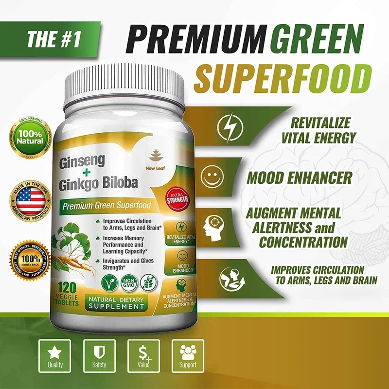 Ginseng + Ginkgo - Premium Non-GMO/Vegetable Superfood - Traditional Energy Supplement & Brain Enhancer with Eye Health Benefits