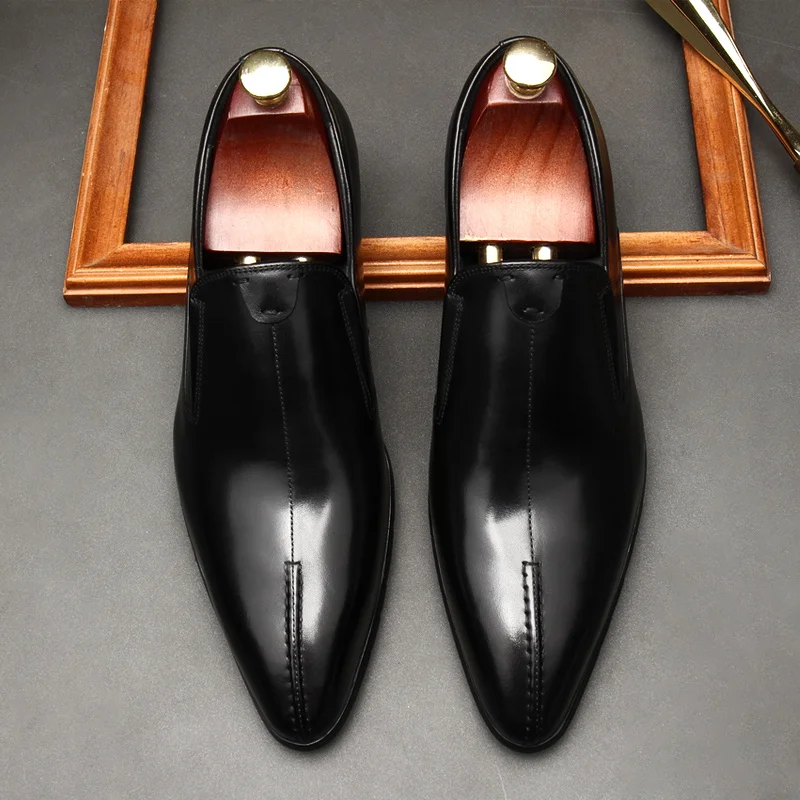 Casual Men Leather Dress Shoe Genuine Leather Pointed Toe Slip On Wedding Men Formal Loafers Shoes Black Wingtip Oxford Shoes