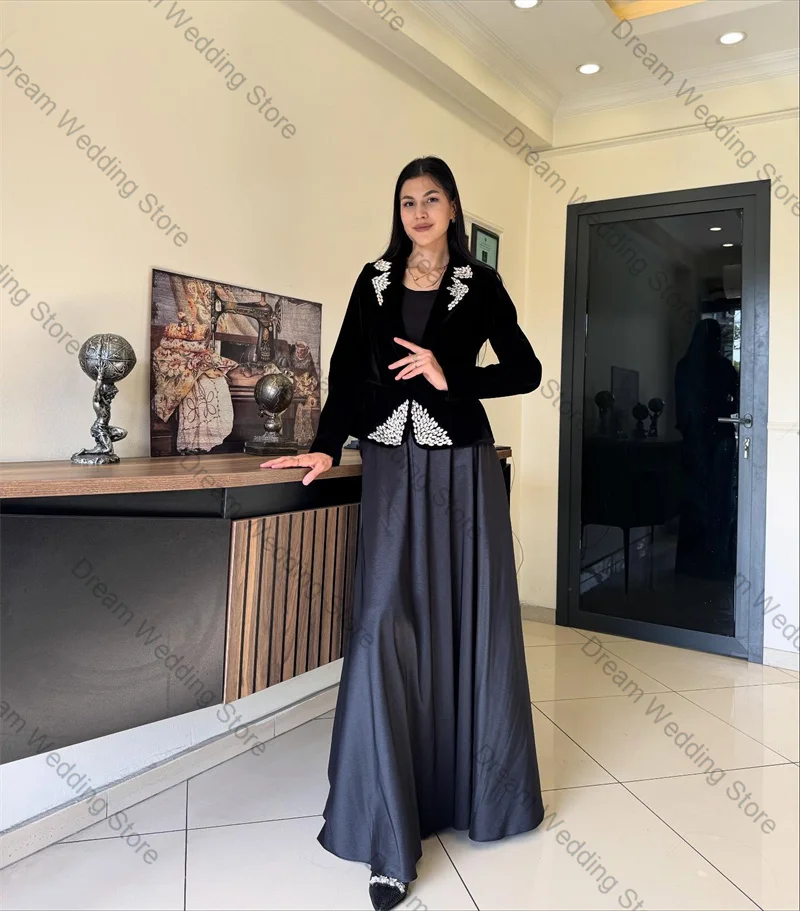 

Crystals Black Women Suit Set 2 Pieces Velvet Blazer+Satin Prom Dress Formal Office Lady Jacket Customized Wedding Bridal Coat