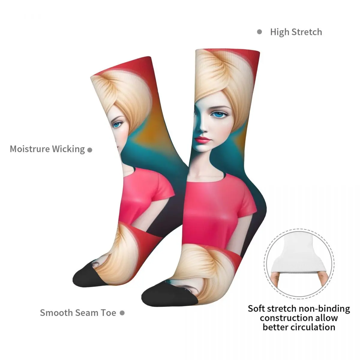 Blue Eyed Blonde In Red Shirt Beautiful Woman Portrait Abstract Socks Harajuku Stockings All Season Long Socks for Unisex Gifts