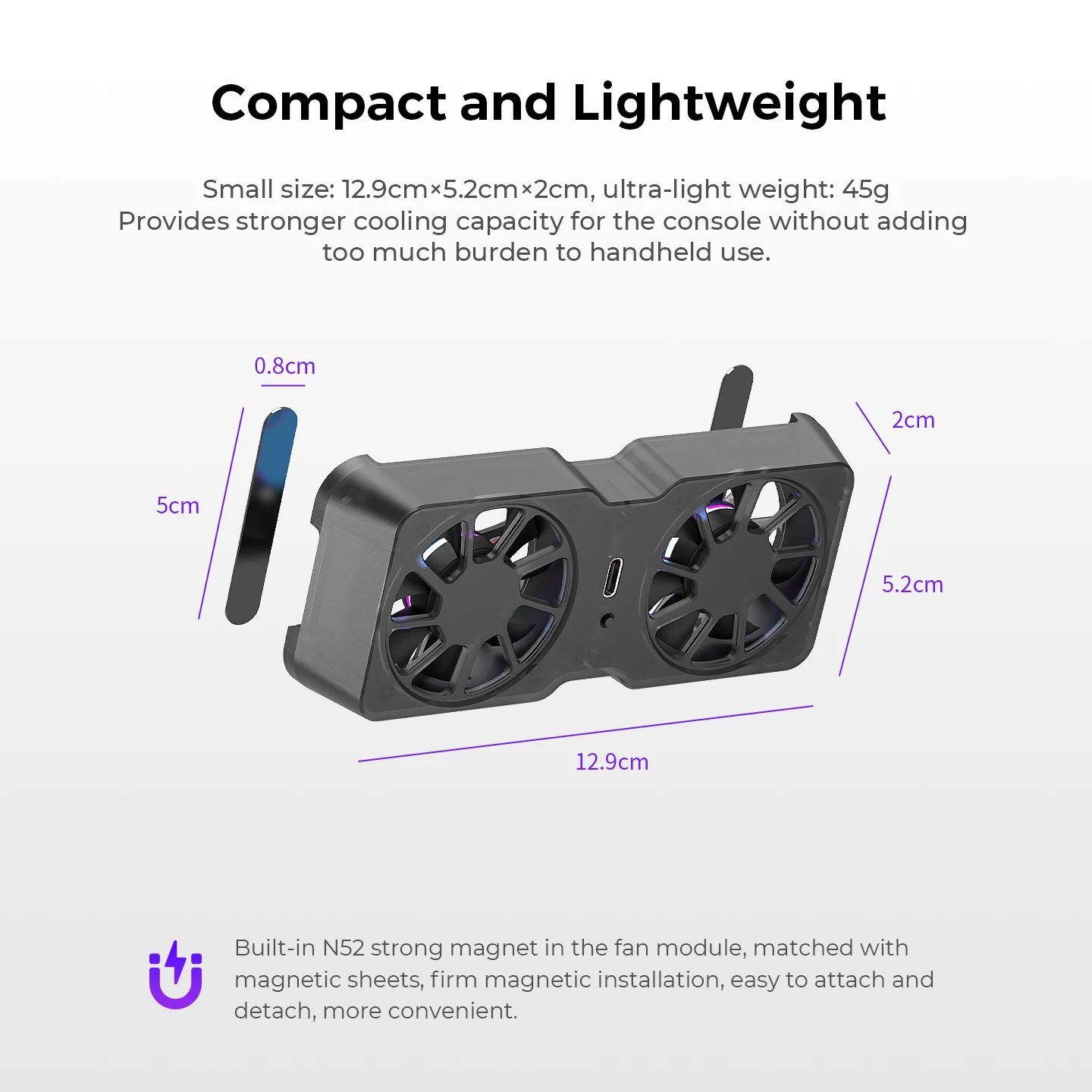 For Steam Deck for ROG Ally X for Legion Go 6000RPM 45mm Dual Fans 10-16CFM Airflow 3 Speeds Portable Magnetic Cooling Fan