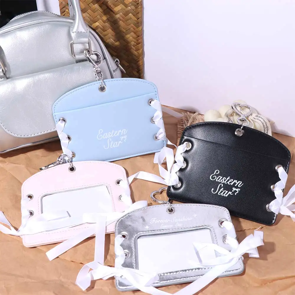 Koreański Idol Balletcore Etui na Fotokarty DIY Wstążka PU Etui na Fotokarty Okładka na Kartę ID z Breloczkiem Zawieszka Etui na Kartę Autobusową