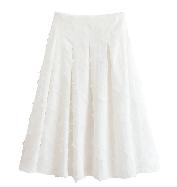 Tweedelige set met witte kwastjes voor dames, elegant revers shirt met lange mouwen en geplooide maxirok met hoge taille, zomerkantooroutfit 2025