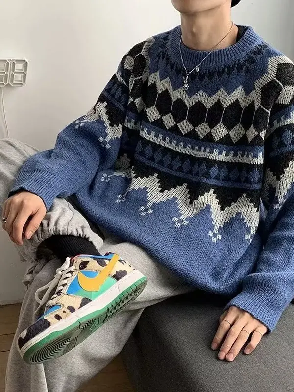 

Свободный крой, мужской круглый трикотаж, свитер базового слоя с ромбовидным узором, осенний модный студенческий повседневный длинный топ све