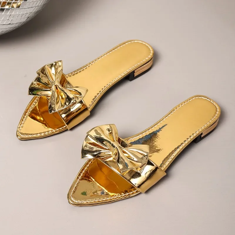 

Fashion Pointed Toe Open Toe Colorful Bow Wear Outer Non-Slip Flip Flops Summer New Square Heel Cool Mopping