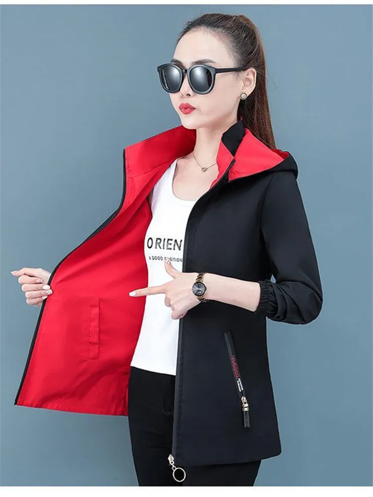 

Double-Sided Trench Coat Women 2025 Spring Autumn New Clothes Hooded Large Size Long Windbreaker Jacket Female Outerwear Tops