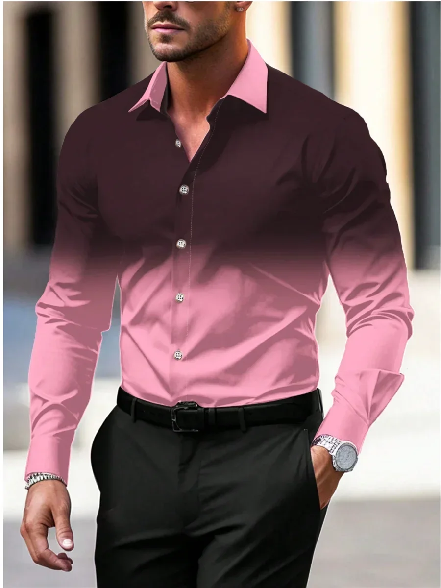 

Men's 3D gradient color printed long sleeved shirt, daily use, business shirt, European size, XS-6XL, spring/summer