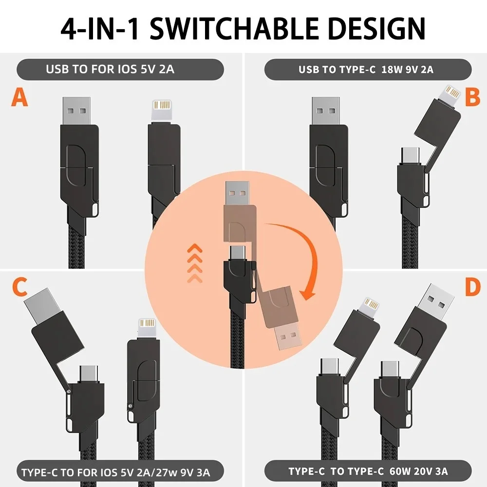 60W Magnetic Data Cable PD Fast Charging Type-C  4 in 1 Multifunctional Nylon Braided Cord For IOS Huawei Xiaomi Tablets Laptops