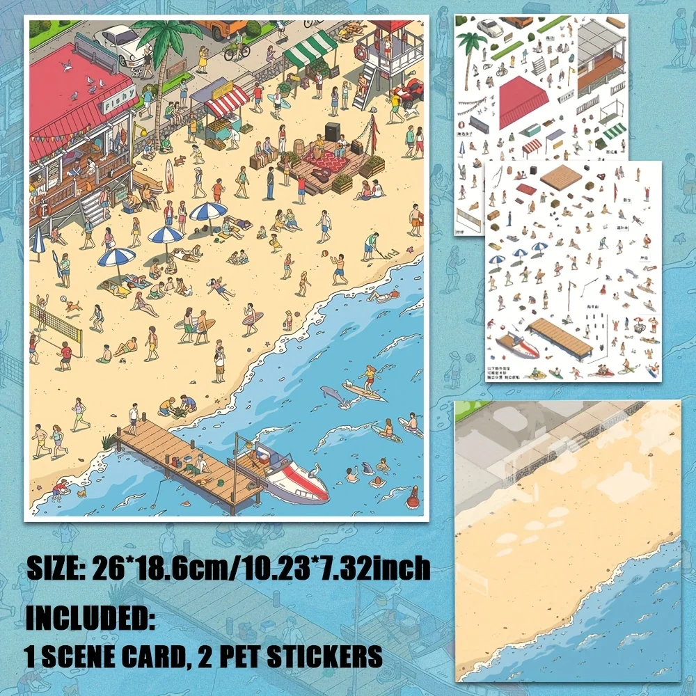 Cartoon Miniature Scene 3D Landscaping Stickers vintage cityscape Urban streetscape and beach party stickers Gift for Kid Child view 5