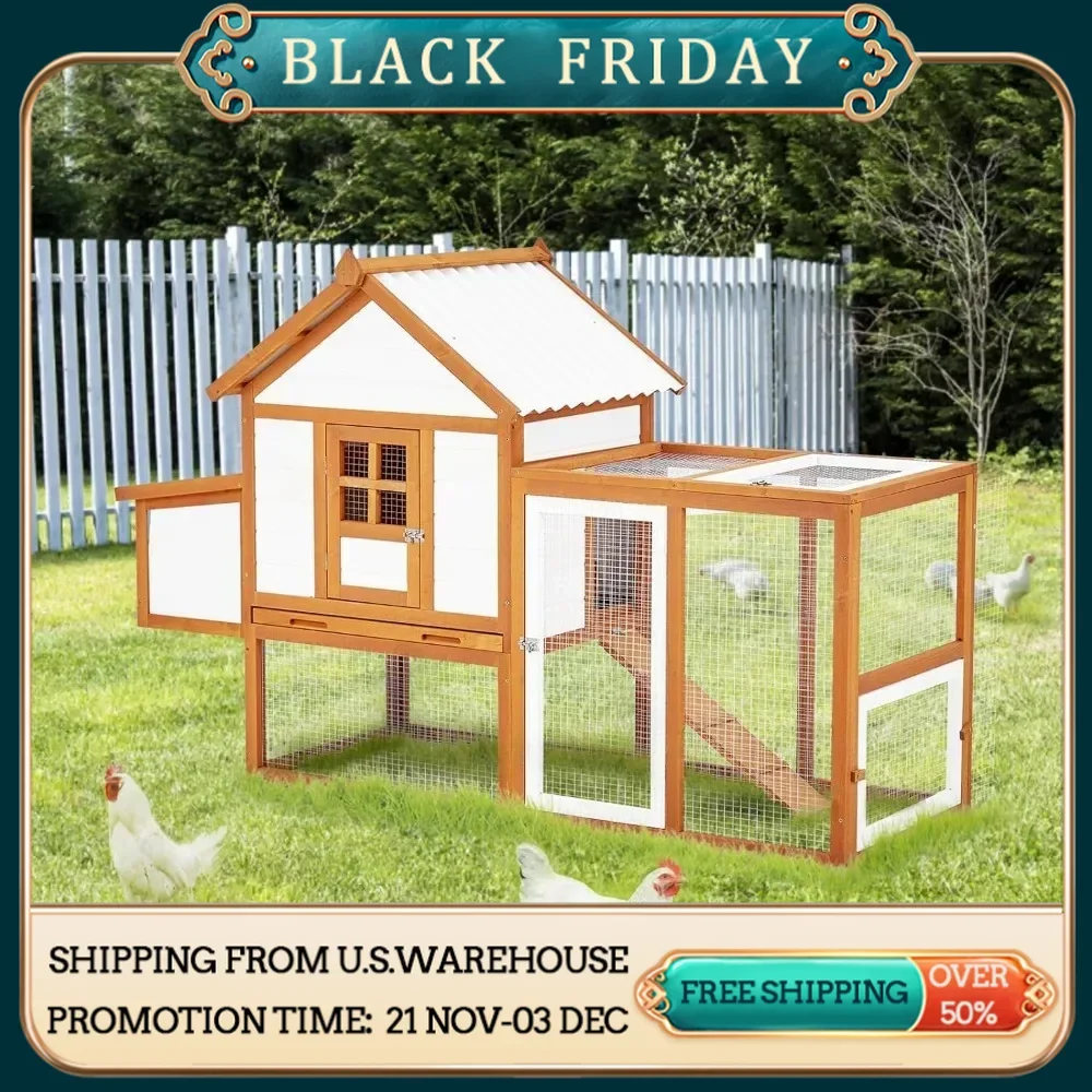 Chicken Coop Hen House, Large Walk in Wooden Chicken Duck Coop Accessories for 6/8/10 Chickens, Portable Outdoor Rabbit Hutch