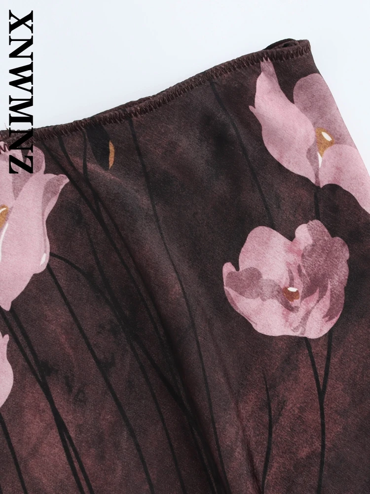 XNWMNZ 2024 Autumn New Woman Trendy Satin Bottoms A-lineskirt Streetwear Woman's Midi Skirt Ruched Regular Fit Ruffles Floral